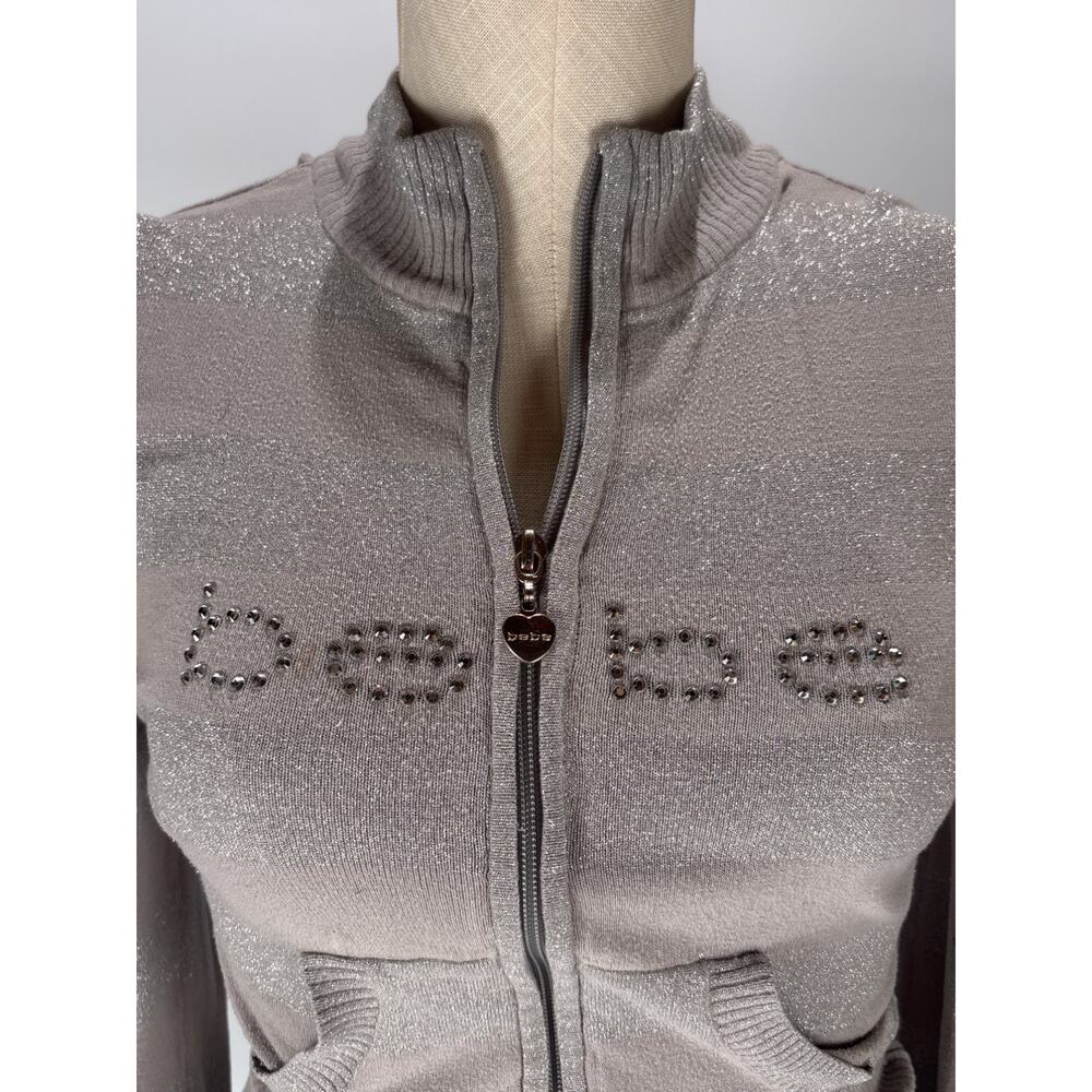 Y2K Bebe LOGO Rhinestone Full Zip Sweater Gray Mock Neck MED Sparkle Jacket - Picture 2 of 7